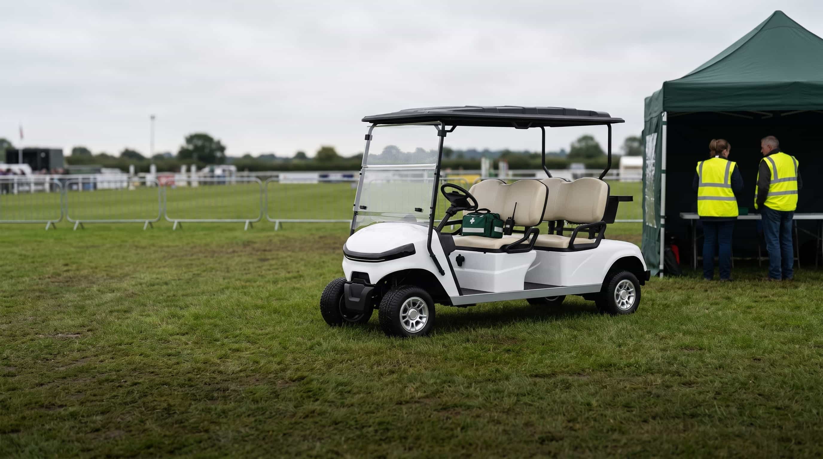 White four seater electric golf buggy with a first aid bag and a radio on the seat beside a stewards' gazebo at a showground arena, two stewards in high visibility vests