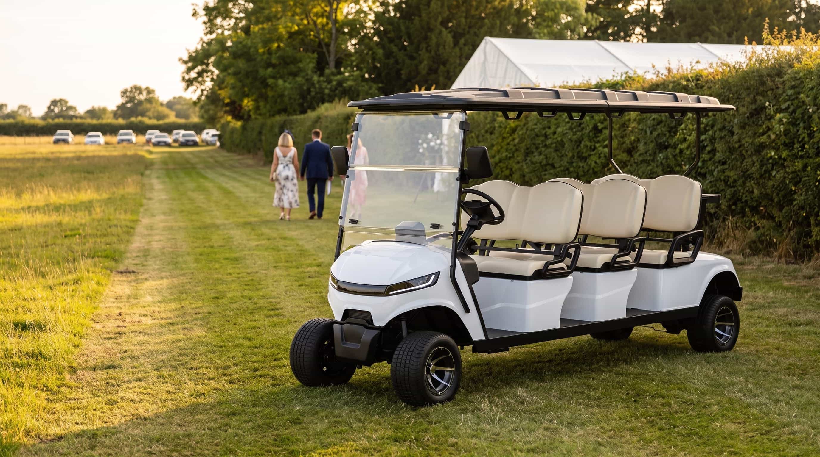White six seater electric golf buggy on a mown track from a field car park to a garden party, guests walking ahead in evening sun