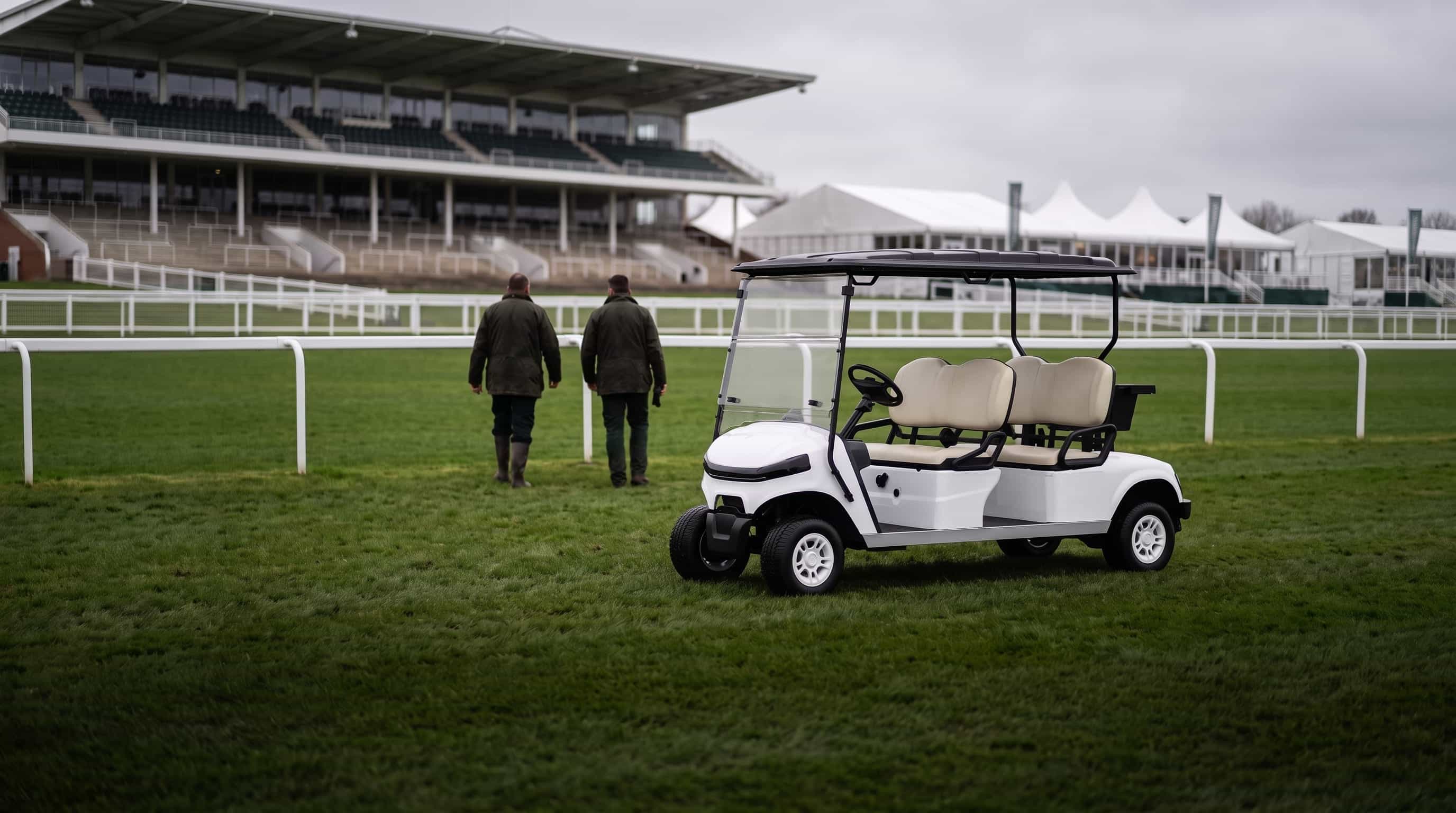 White four seater electric golf buggy on the turf inside the white running rails of a racecourse, two groundsmen walking towards the grandstand