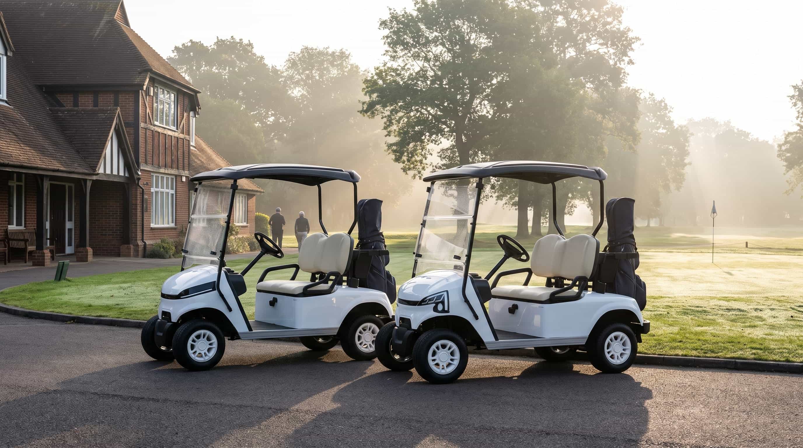 Two white two seater electric golf buggies with golf bags on the back, parked beside a golf clubhouse in early morning mist