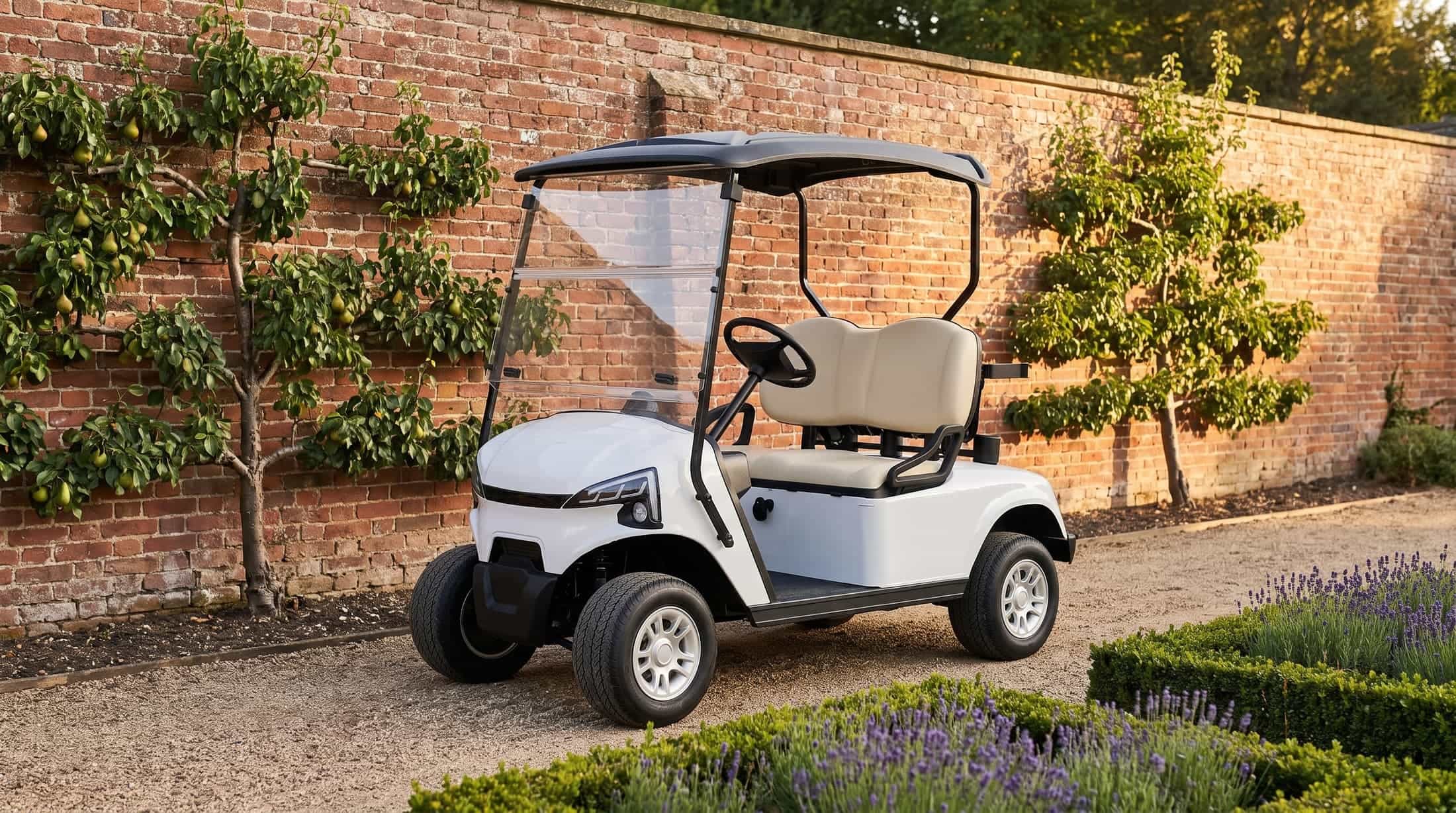 White two seater electric golf buggy on a gravel path beside the espaliered pear trees of a walled kitchen garden in late afternoon light