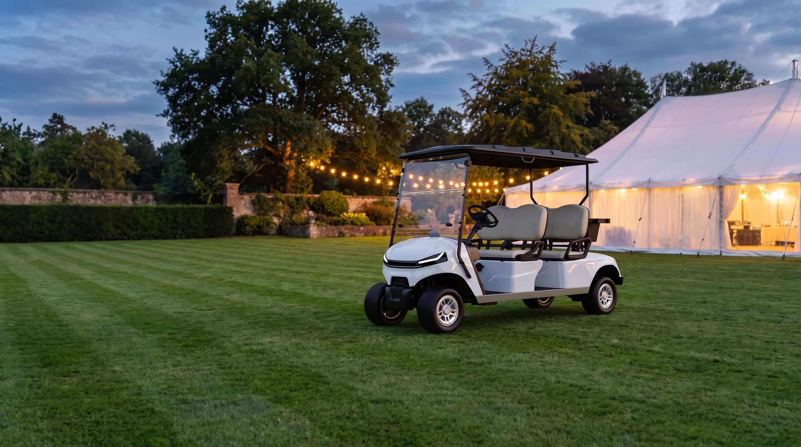 White four seater electric golf buggy on a striped lawn beside a lit marquee at a garden party at dusk, festoon lights in the trees