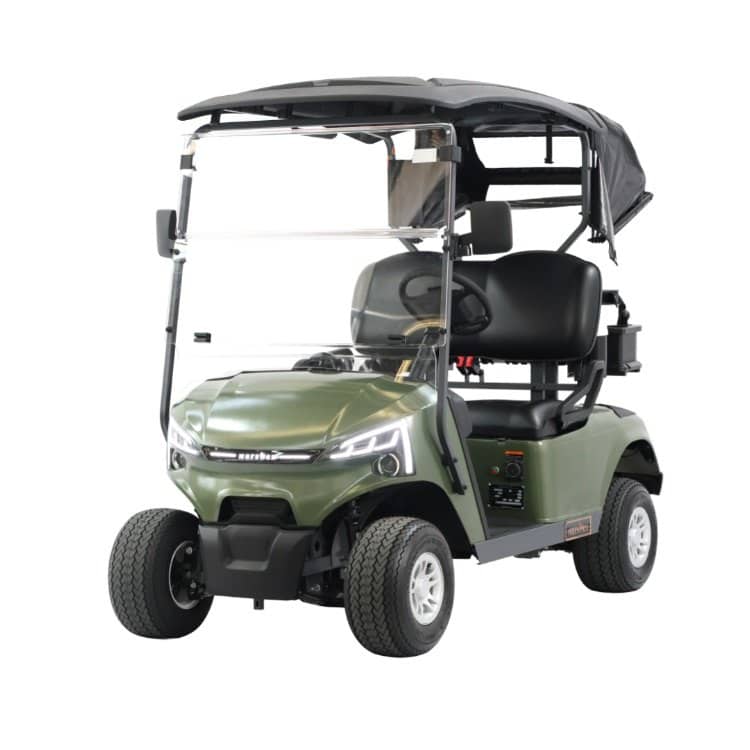 Green 2 seater electric golf buggy with a folding rain canopy, front three quarter view