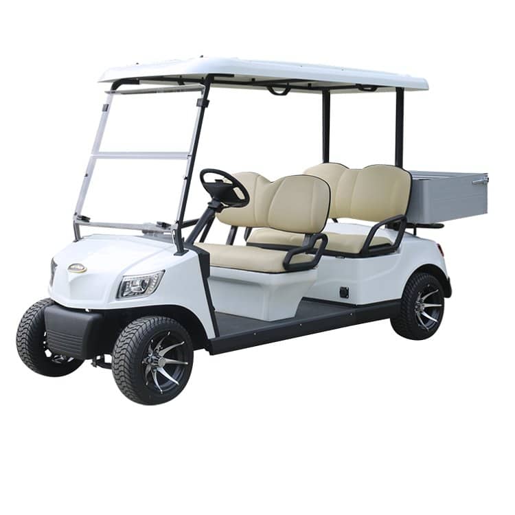 White 4 seater electric golf buggy with two benches and an aluminium cargo box