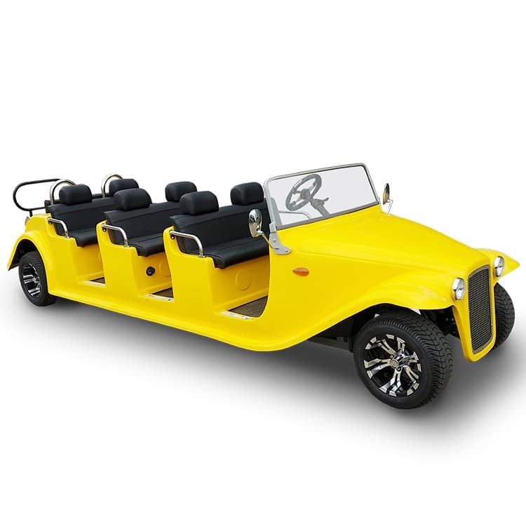 Yellow 8 seater electric buggy in a 1930s open tourer body, with four rows of seats