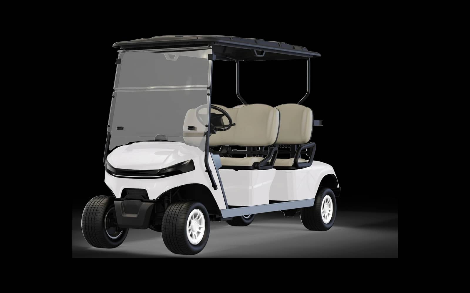 White 4 seater electric golf buggy for hire, front three quarter view