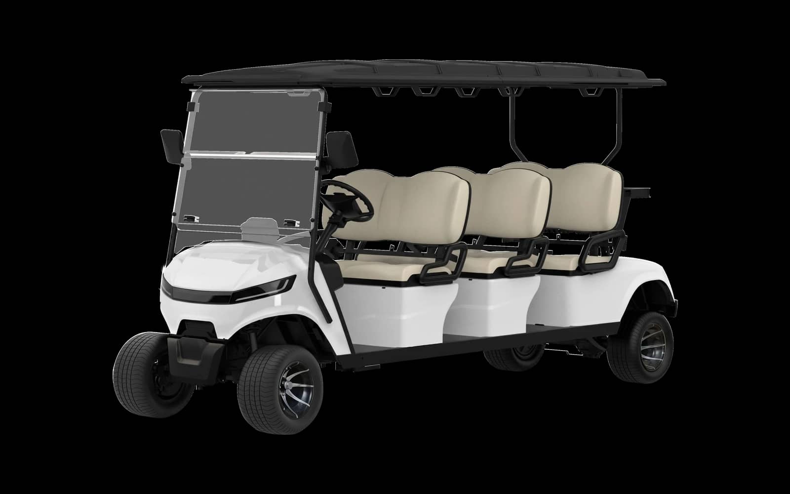 White 6 seater electric golf buggy for hire, front three quarter view