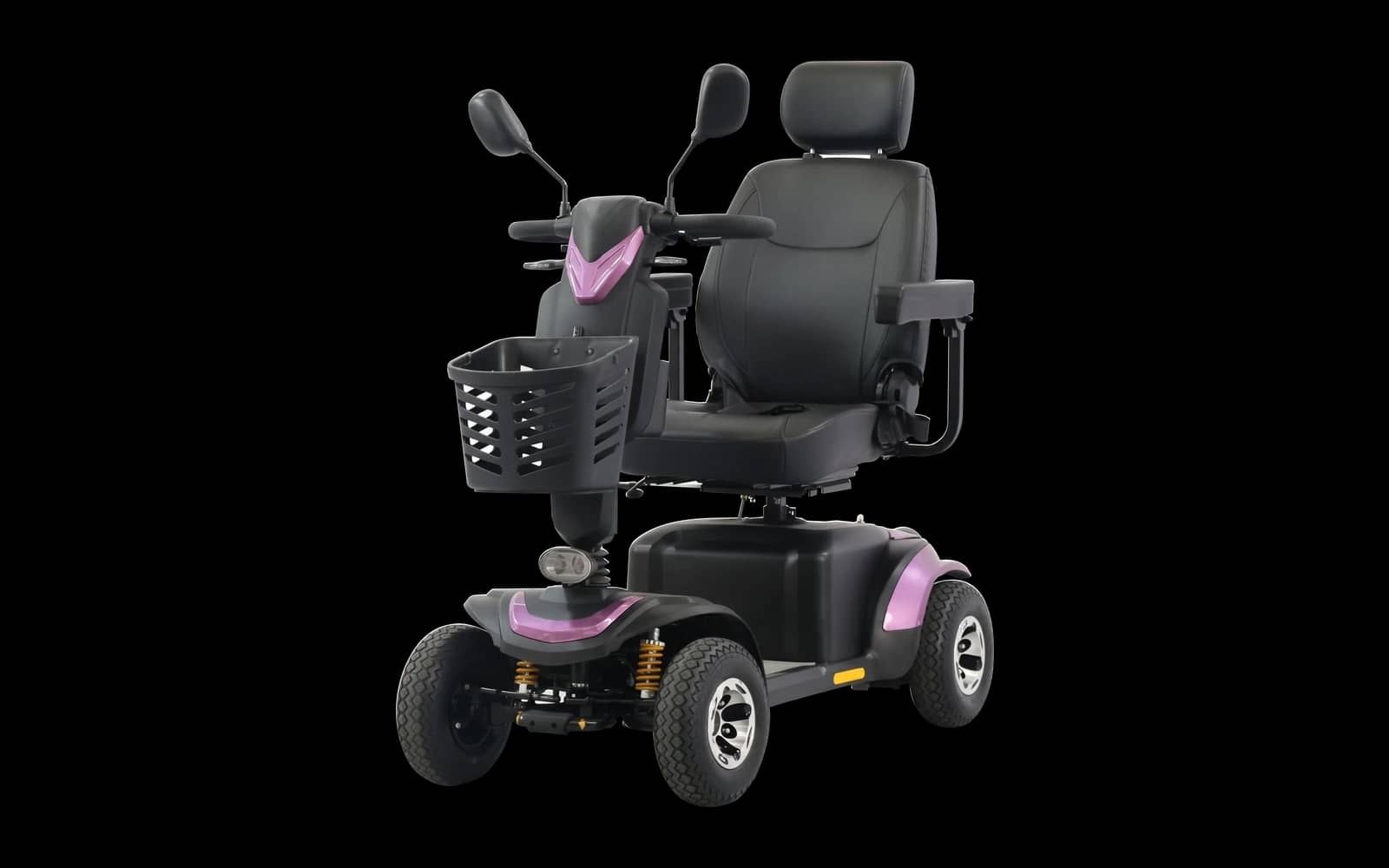 Four wheel mobility scooter with a captain seat, adjustable tiller and a front basket, front three quarter view