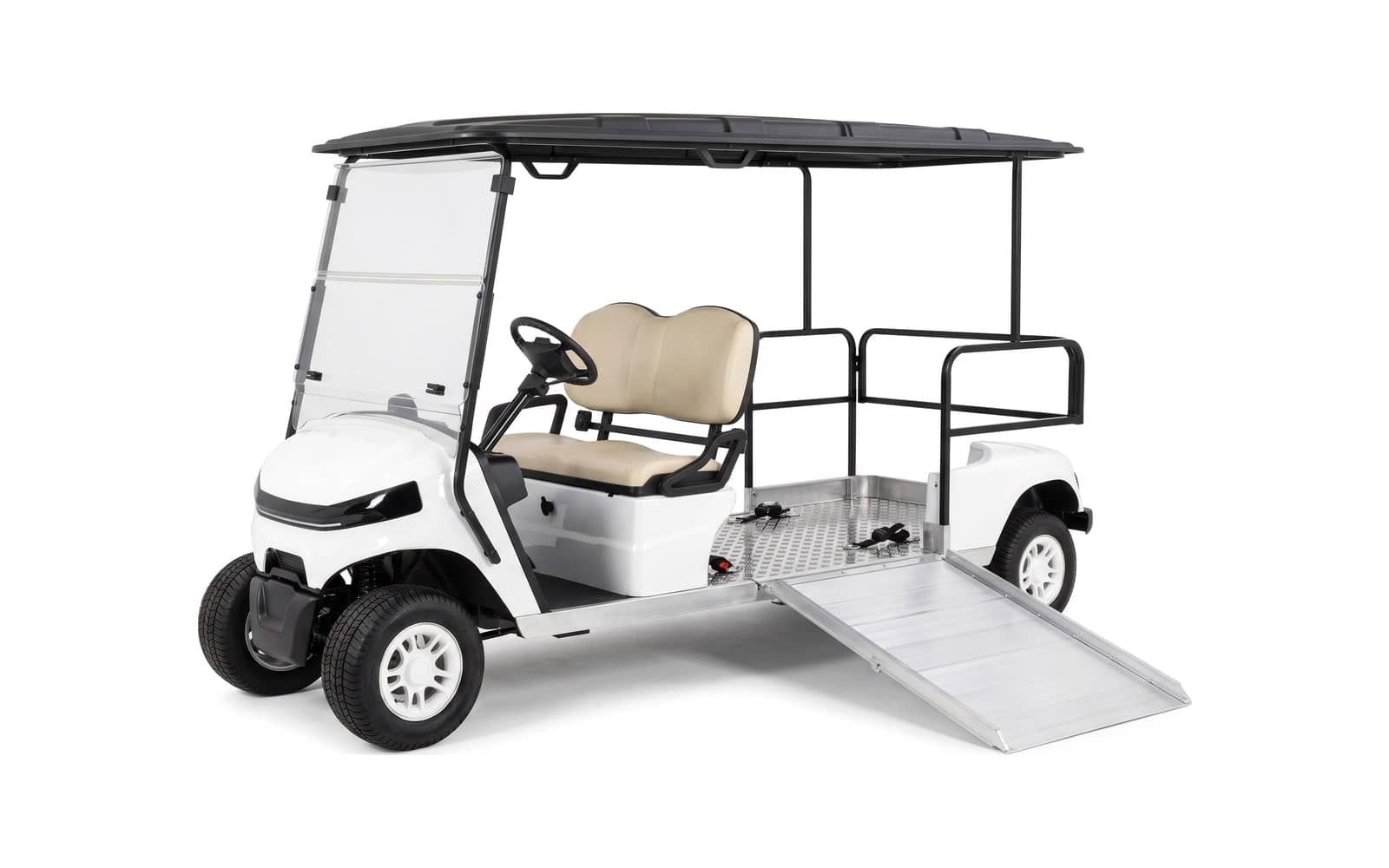 White wheelchair accessible electric buggy for hire with a side ramp and a flat wheelchair bay, front three quarter view