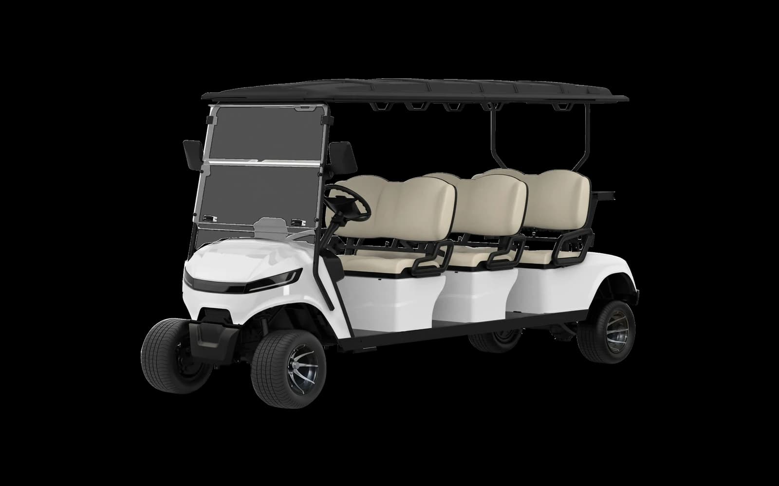 White 6 seater electric golf buggy for sale, front three quarter view with three forward facing benches