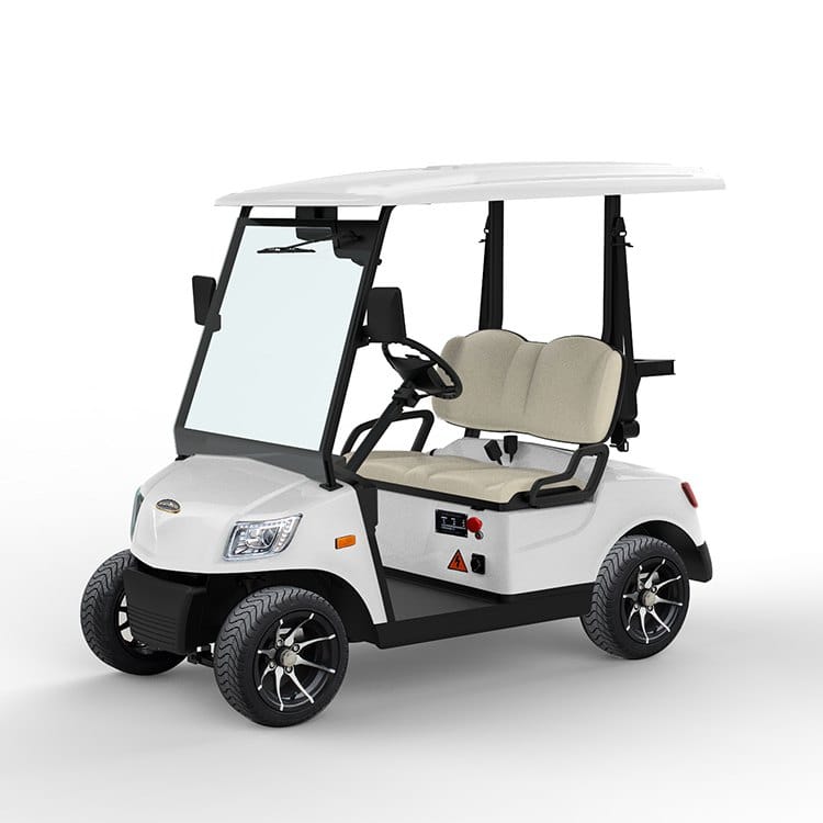 White 2 seater road legal electric buggy with a full glass windscreen and wiper