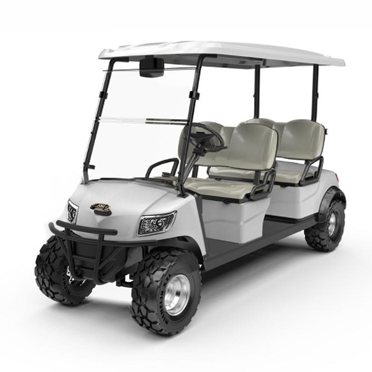 Silver lifted 4 seater electric golf buggy with two forward facing benches