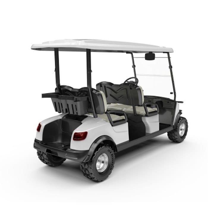 Lifted 4 seater electric golf buggy on all terrain tyres