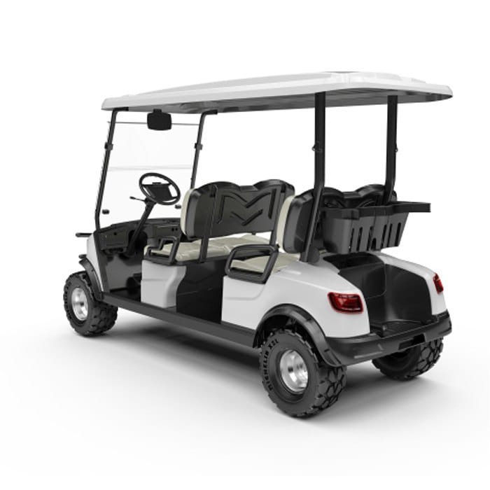 Lifted 4 seater electric golf buggy on all terrain tyres
