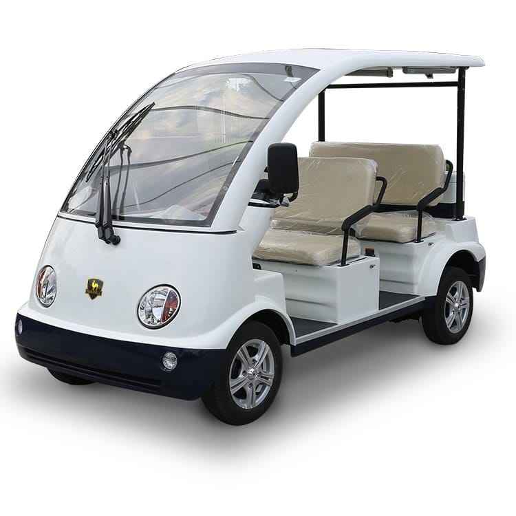 White electric sightseeing vehicle with a hard roof, windscreen and open sides