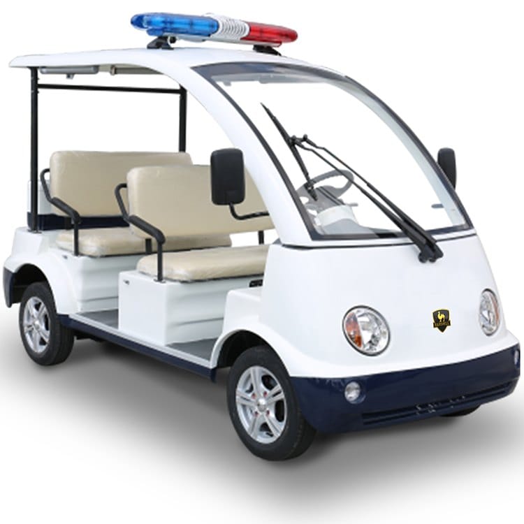 Electric sightseeing vehicle seating four to six under a hard roof