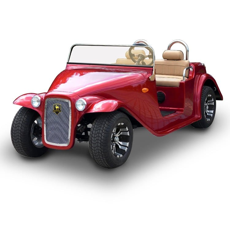 Red 4 seater electric buggy in a 1930s open tourer body, with a chrome grille and folding windscreen