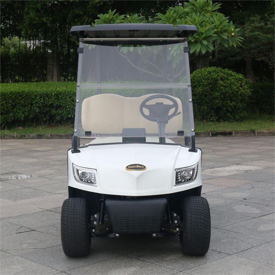 Front view of the white 2 seater electric golf buggy showing LED headlamps and the split folding windscreen