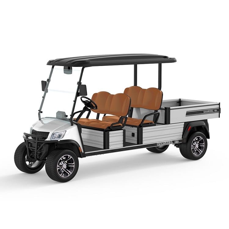 White 72V electric utility vehicle with a long aluminium hydraulic tipping bed