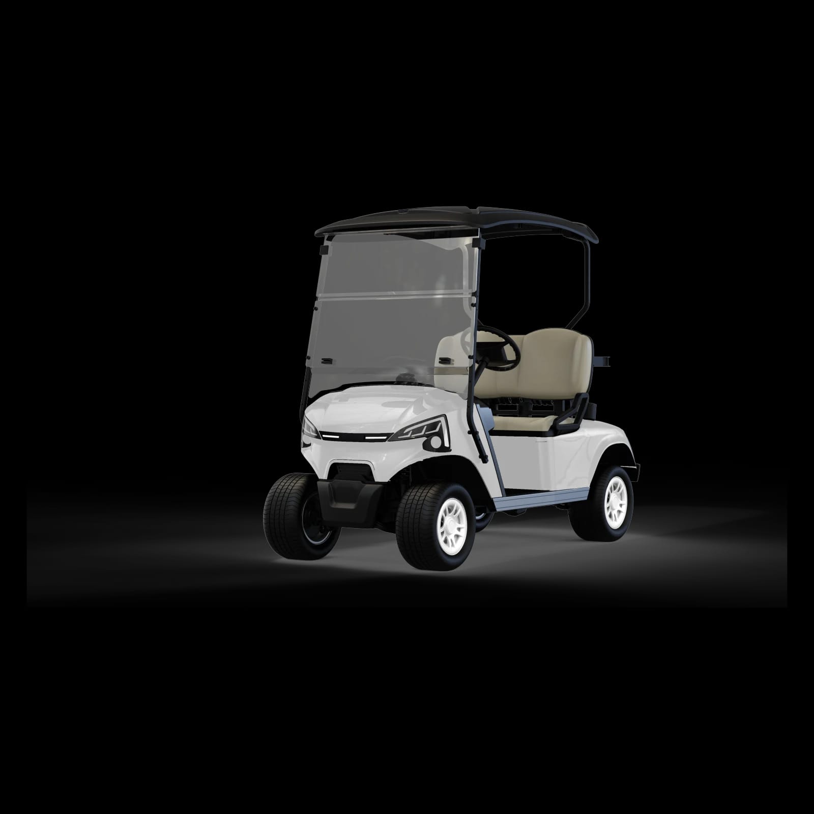 White 2 seater electric golf buggy for sale, front three quarter view with a black canopy, folding windscreen and cream bench