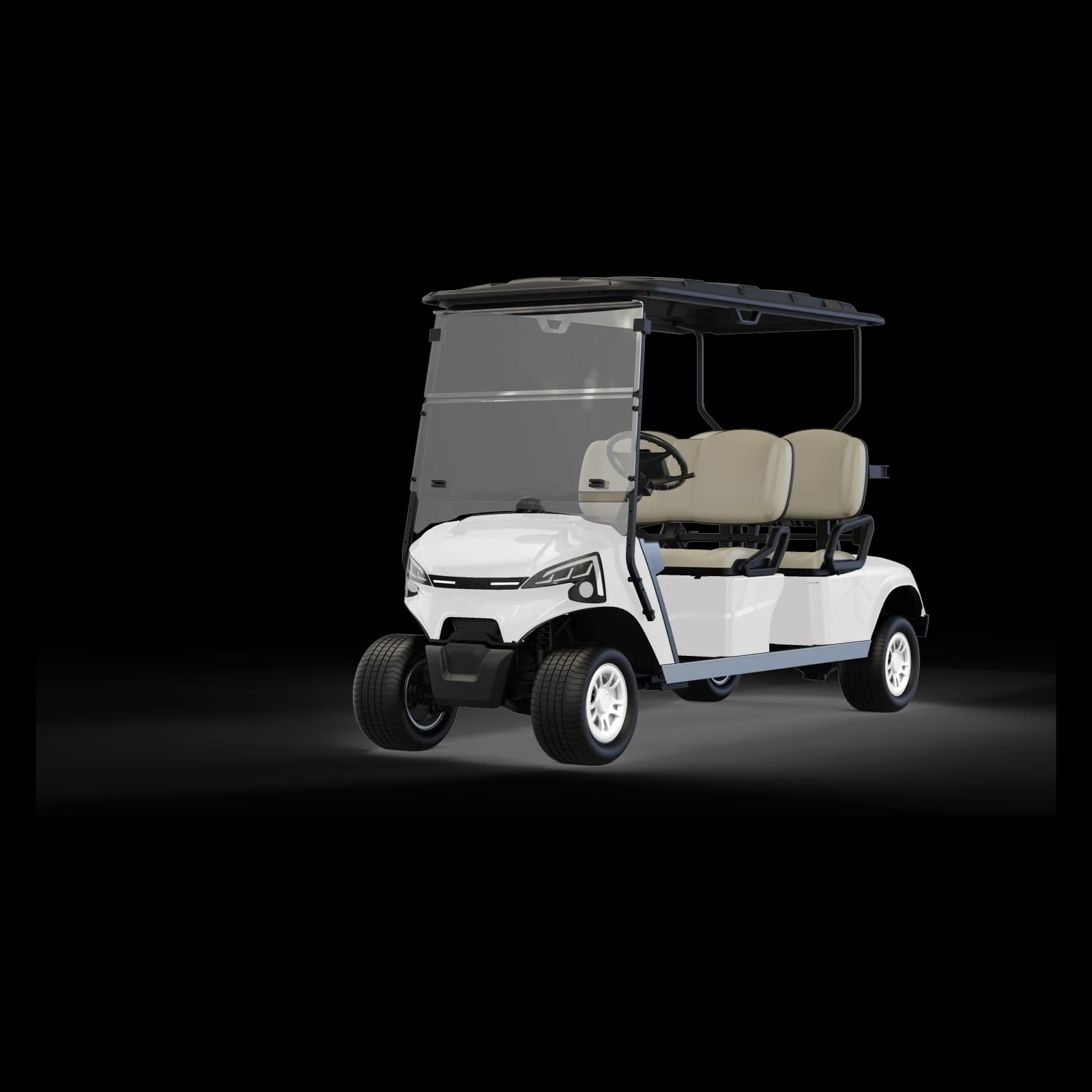 White 4 seater electric golf buggy for sale, front three quarter view with both benches facing forward