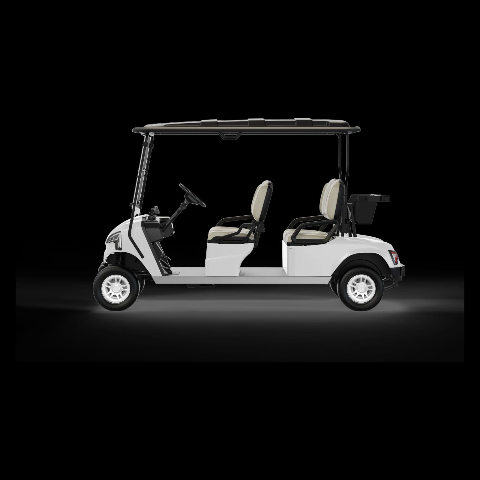 Side view of the white 4 seater electric golf buggy, showing the two forward facing benches