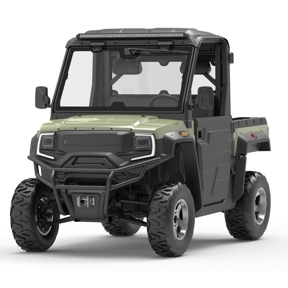 Green 2 seater electric UTV with four wheel drive, a hydraulic tipping bed and a full cab