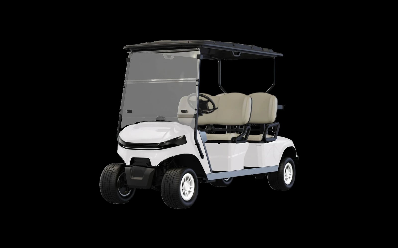 White 4 seater electric golf buggy for sale, front three quarter view with both benches facing forward