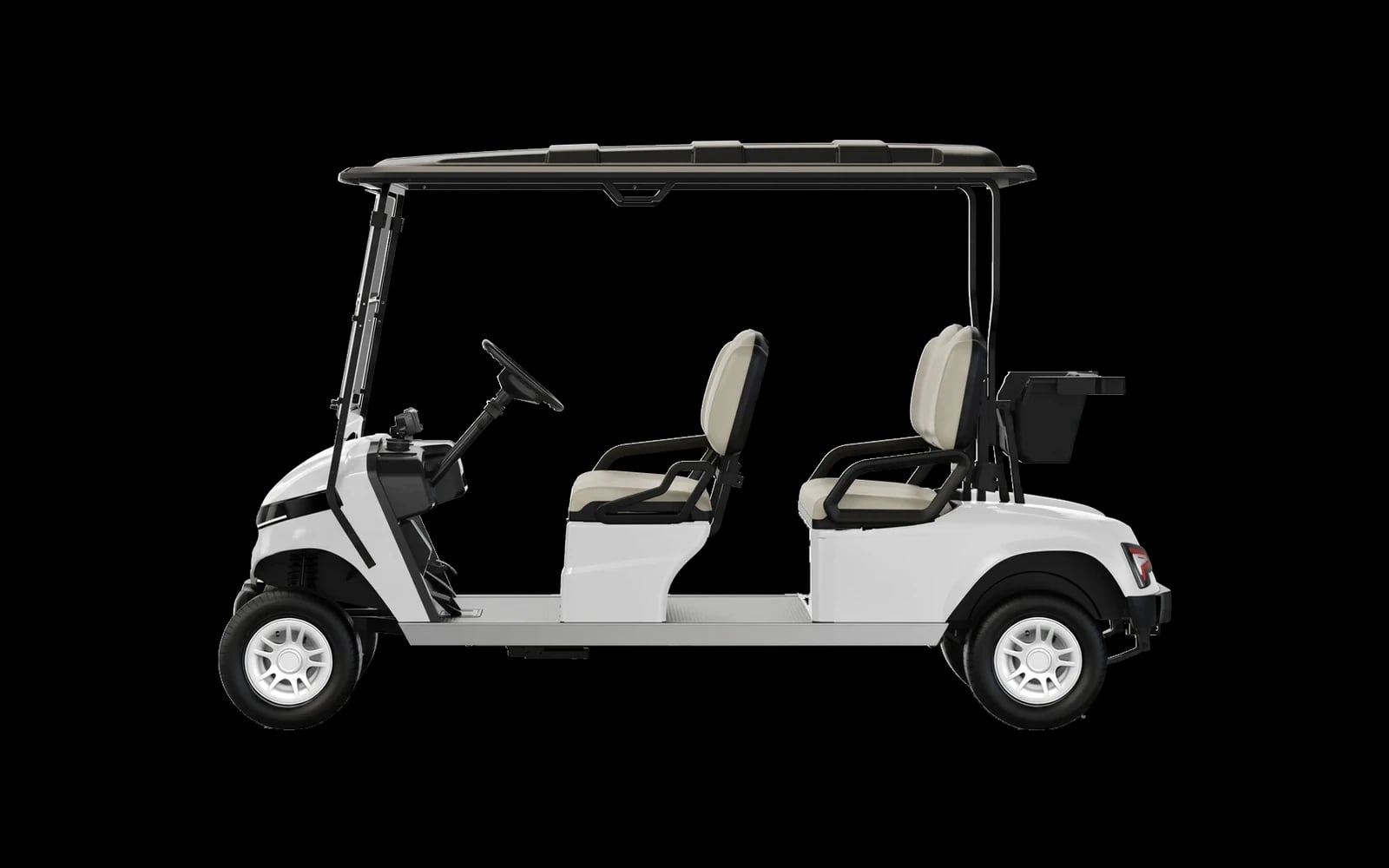White 4 seater electric golf buggy, side view showing the two forward facing benches