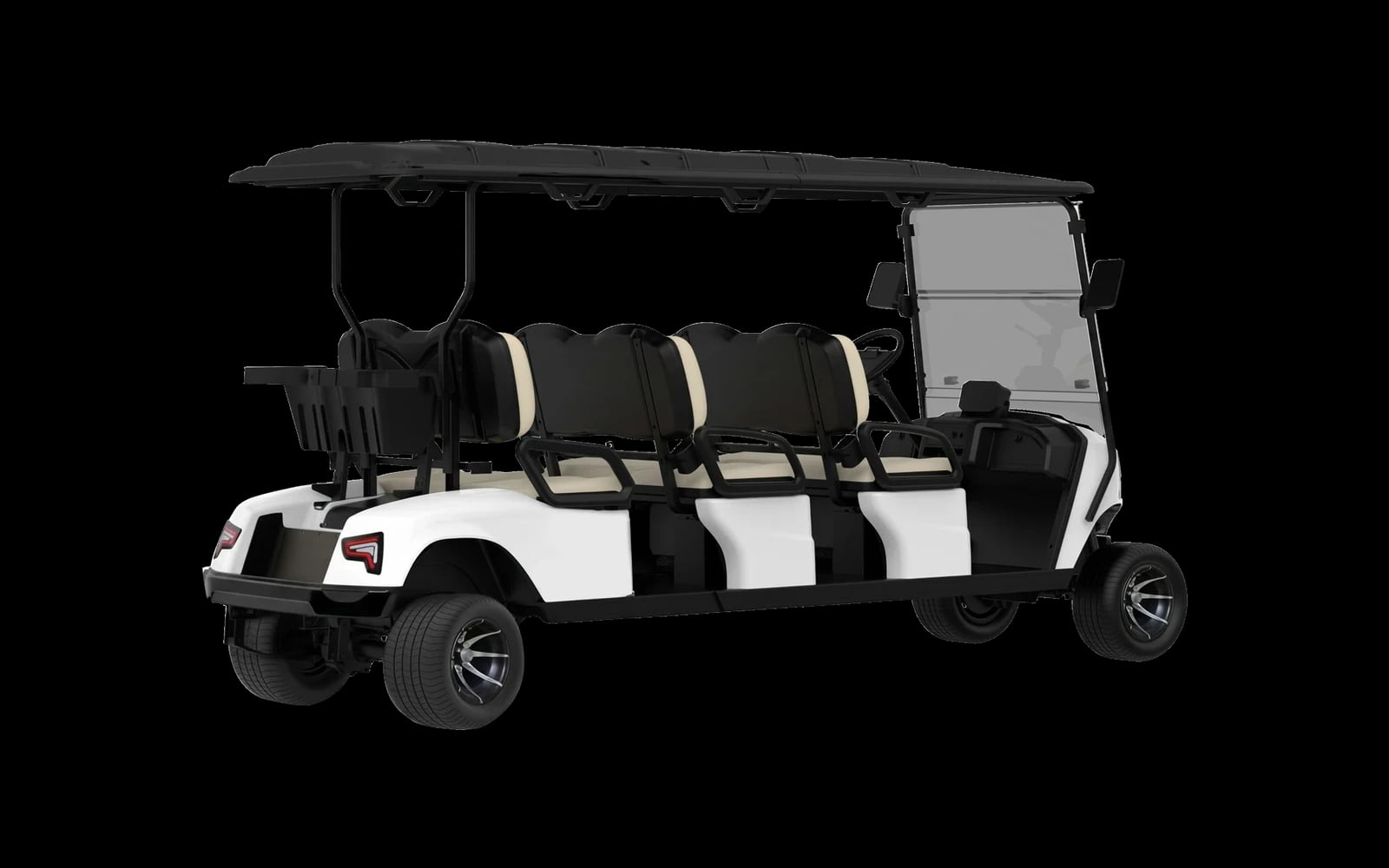 White 6 seater electric golf buggy, rear three quarter view of the seating from behind