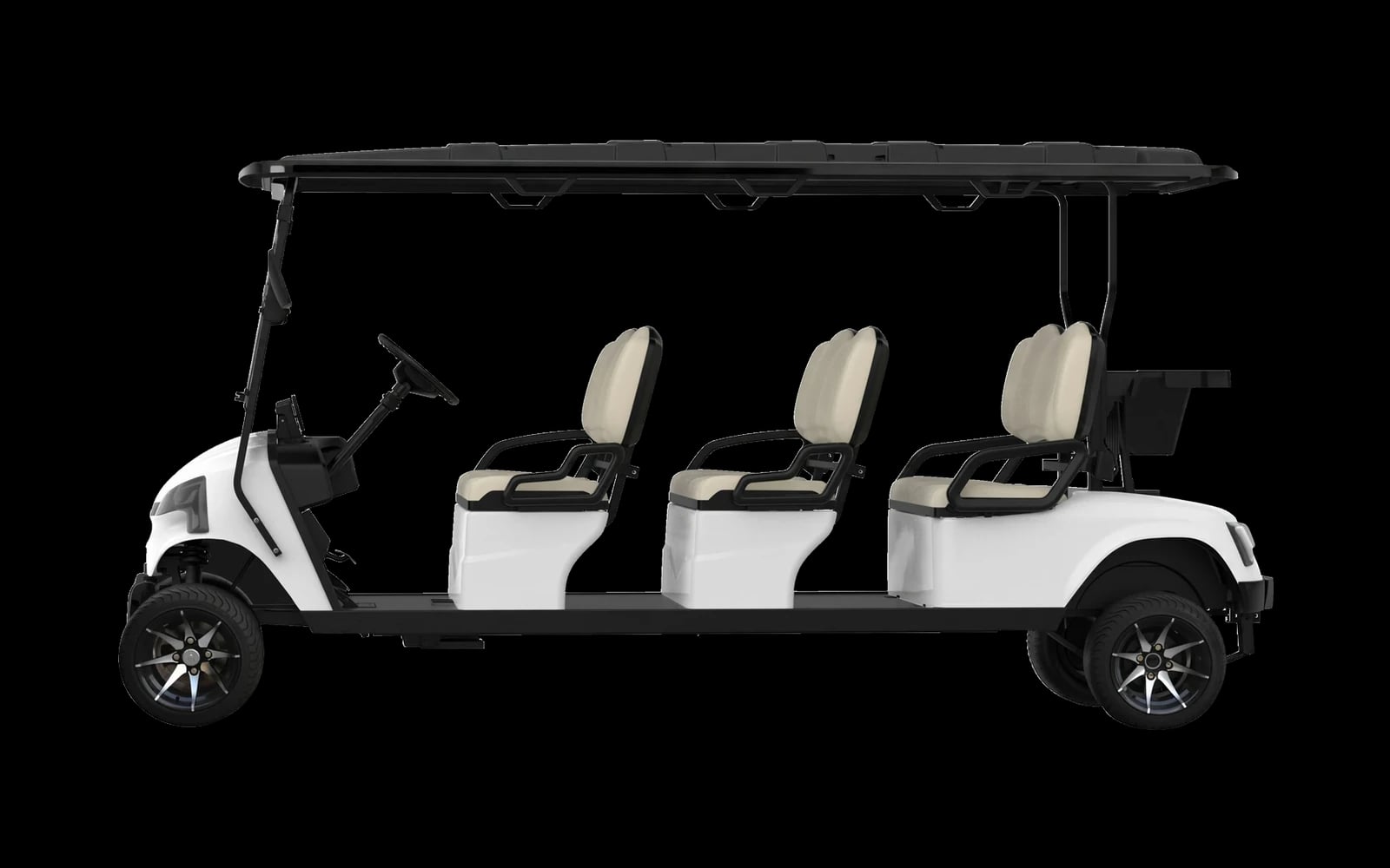 White 6 seater electric golf buggy, side view along the three forward facing benches