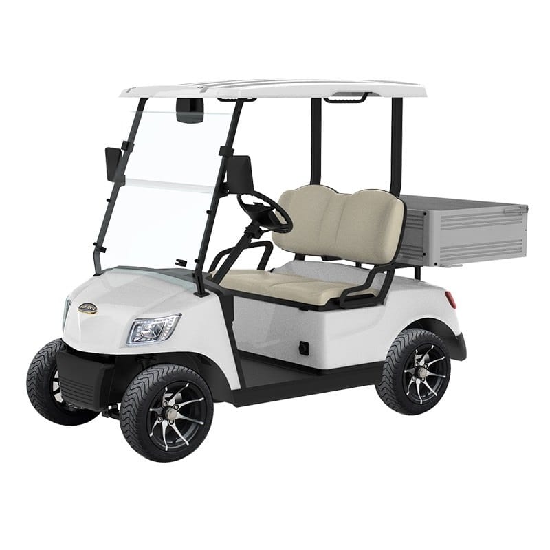 White 2 seater electric golf buggy with an aluminium cargo bed behind the bench