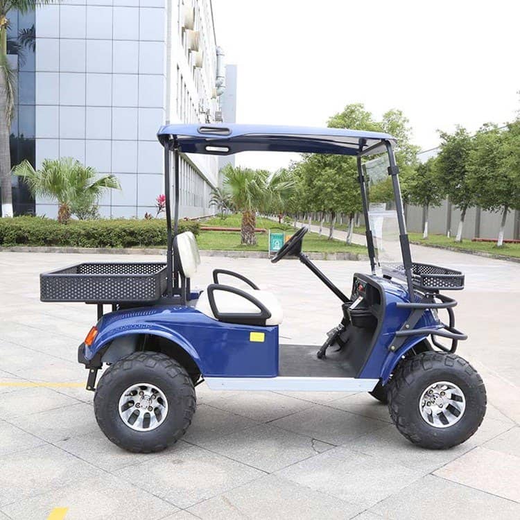 Blue lifted 2 seater golf buggy in the classic body style, with front and rear baskets