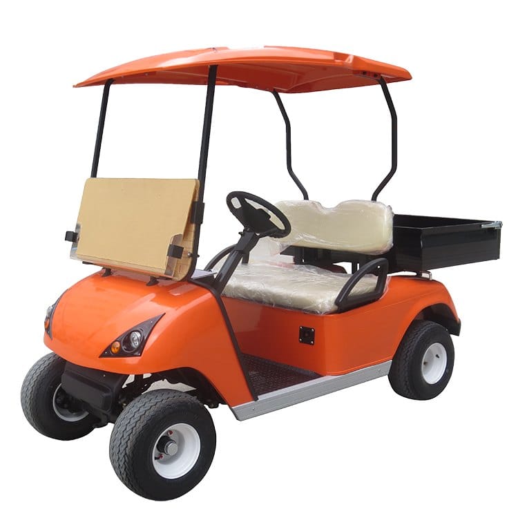 Orange 2 seater electric utility vehicle with a fixed steel cargo bed behind the bench