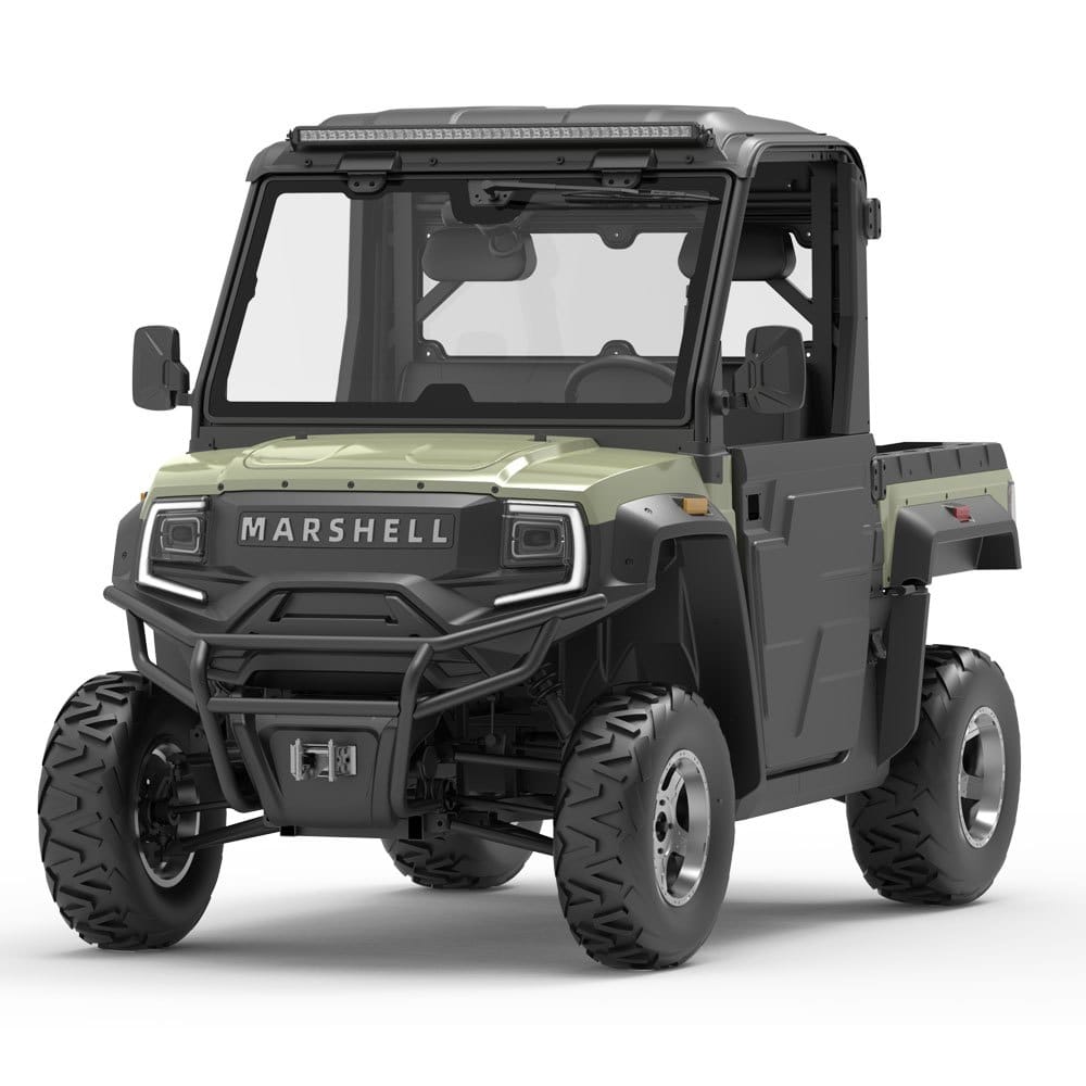 Green 2 seater electric UTV with four wheel drive, a hydraulic tipping bed and a full cab