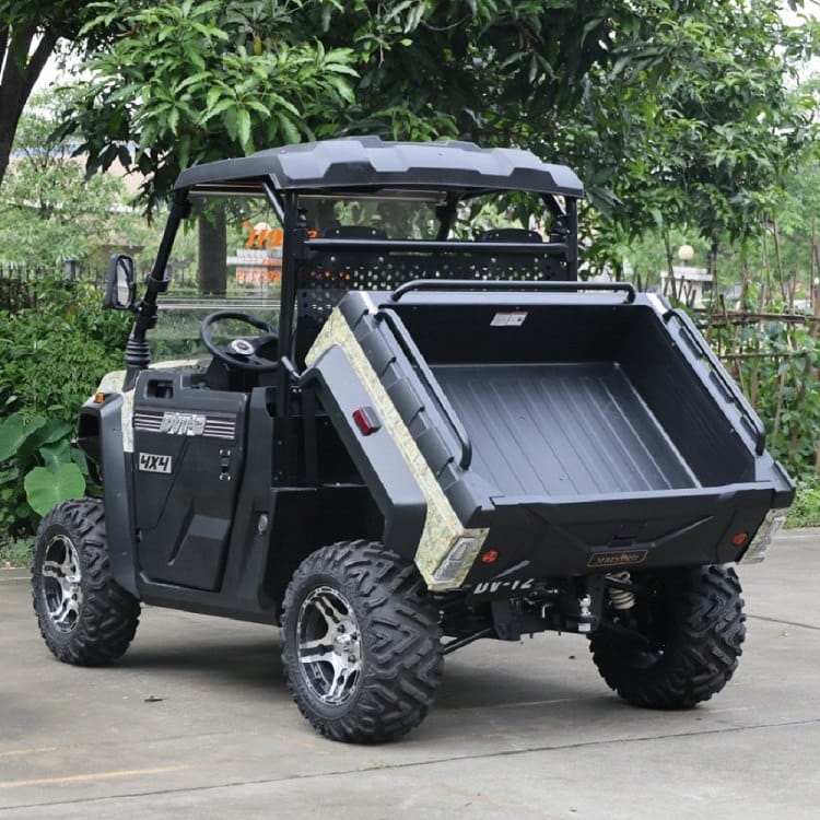 2 seater electric 4WD UTV with the cargo bed tipped