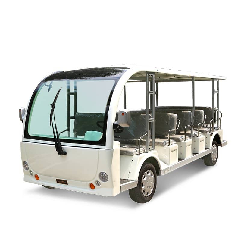 White 23 seat electric shuttle bus with a curved screen and a long open body