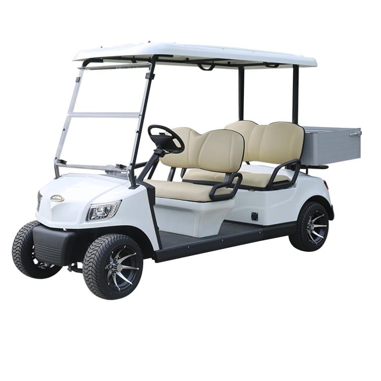 White 4 seater electric golf buggy with two benches and an aluminium cargo box