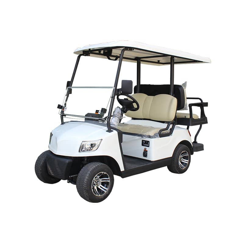 White 4 seater electric golf buggy with a rear flip seat facing backwards
