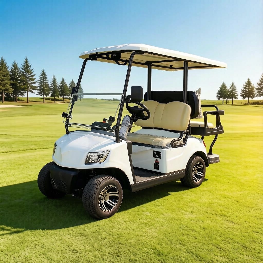 4 seater electric golf buggy with a rear flip seat that folds into a load bed
