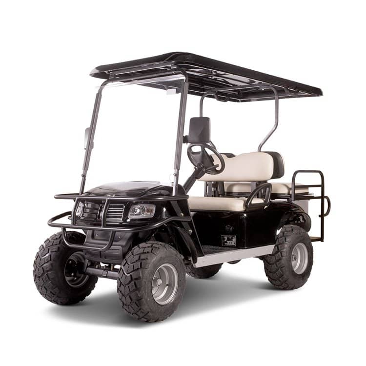 Black lifted 4 seater golf buggy in the classic body style, with a rear flip seat