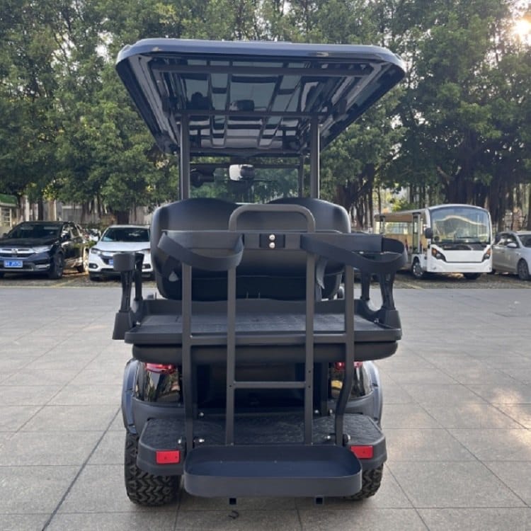 Lifted 4 seater electric golf buggy with a rear flip seat