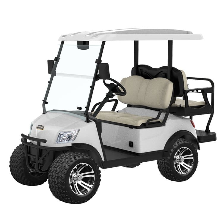 Lifted 4 seater electric golf buggy with a rear flip seat