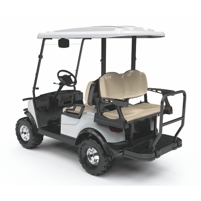 Lifted 4 seater electric golf buggy with a rear flip seat