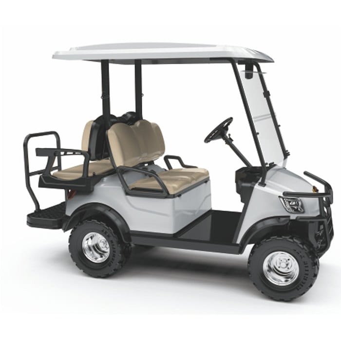 Lifted 4 seater electric golf buggy with a rear flip seat