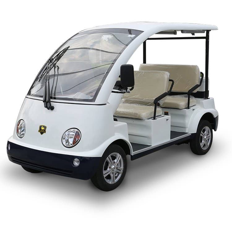 White electric sightseeing vehicle with a hard roof, windscreen and open sides