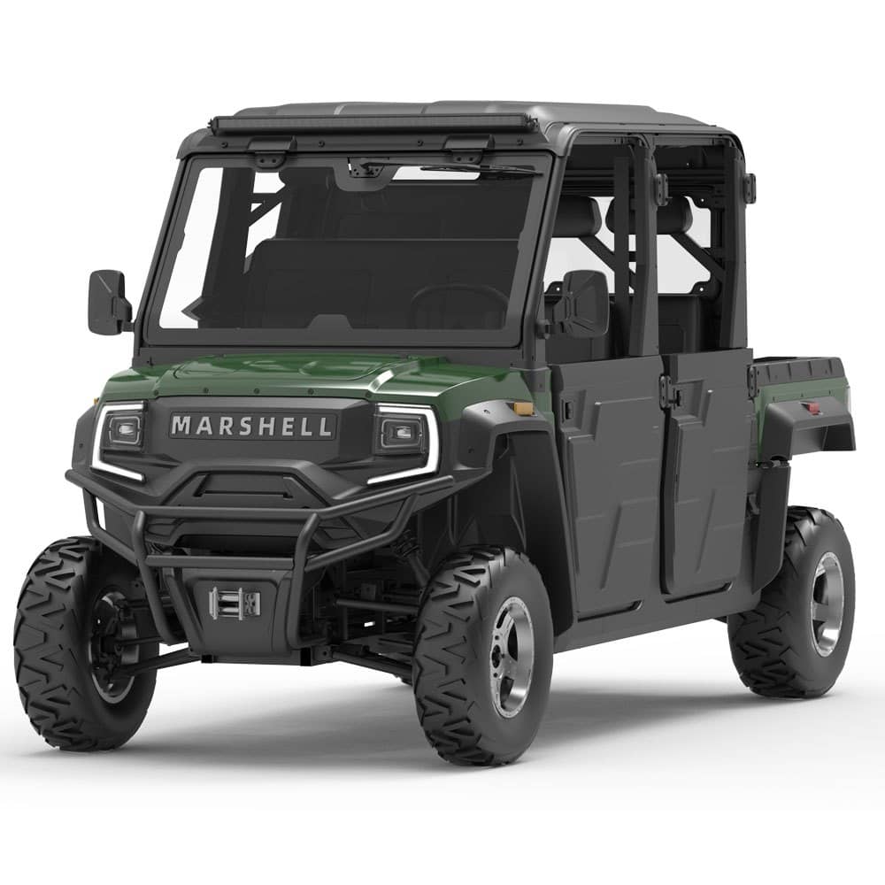 Green 4 seater electric UTV with four wheel drive, twin doors each side and a tipping bed
