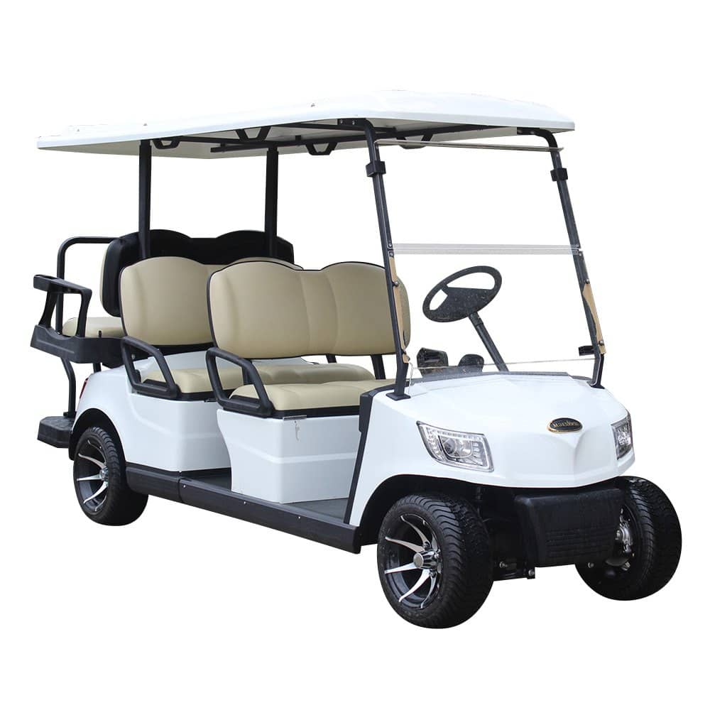 White 6 seater electric golf buggy, two forward benches and a rear flip seat