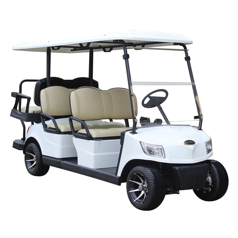 White 6 seater electric golf buggy, two forward benches and a rear flip seat