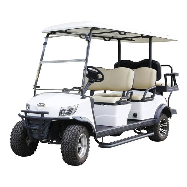 White lifted 6 seater electric golf buggy on all terrain tyres with a rear flip seat